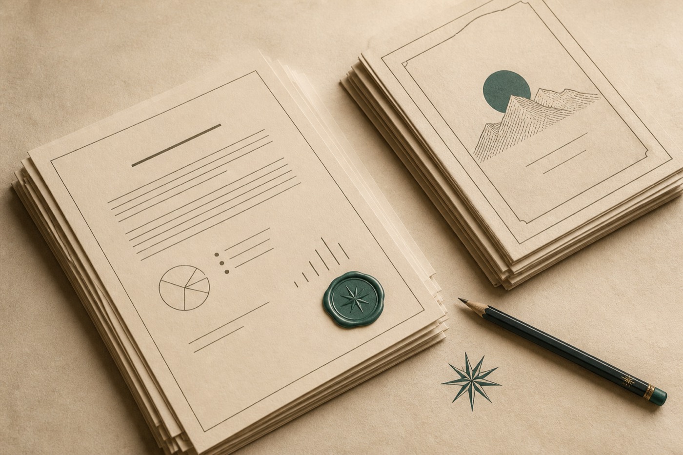 Two stacks of cream documents, one marked with a teal approval stamp, beside a geometric spark.