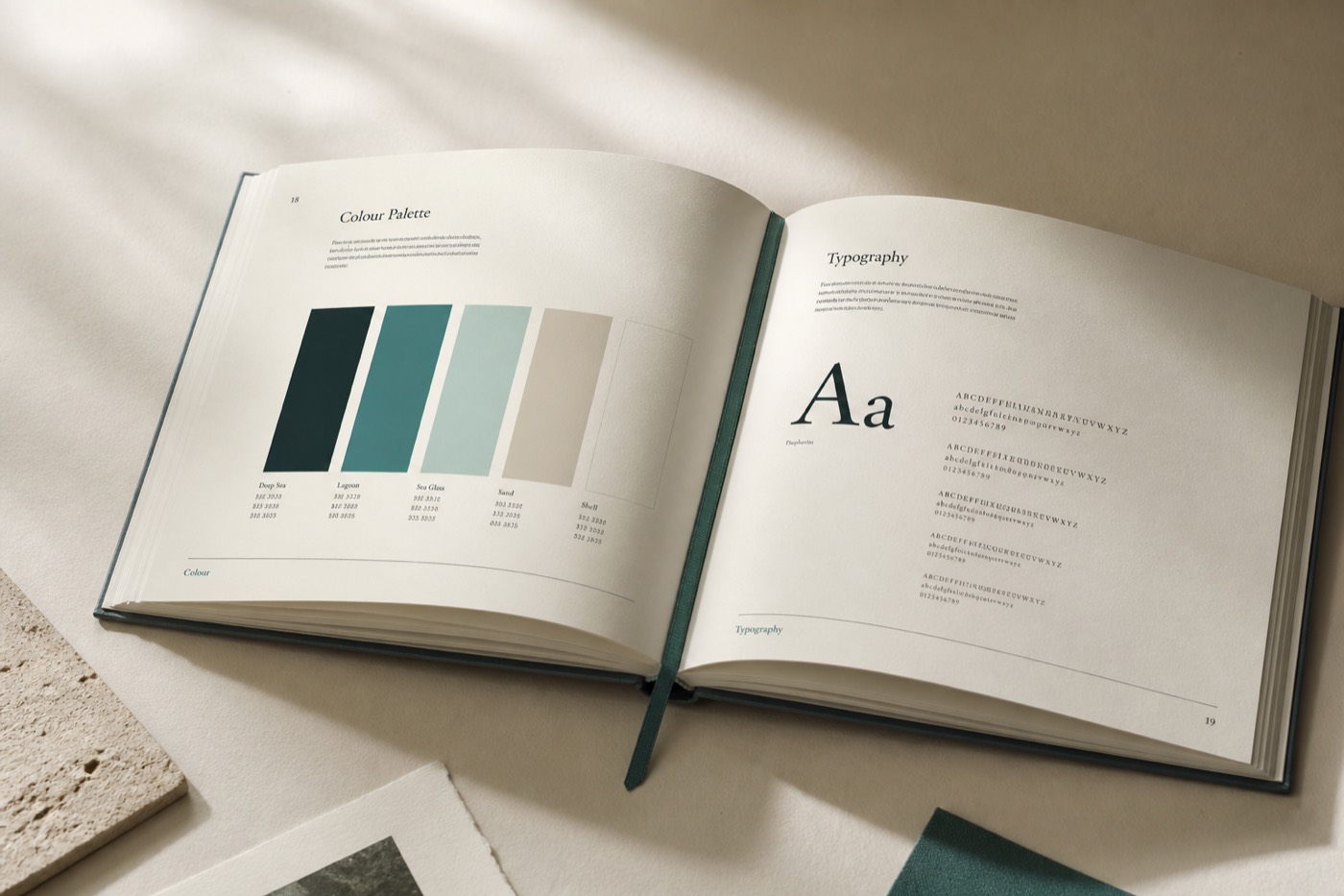 Open brand book on a cream desk: colour chips, a serif type page and a teal thread bookmark.