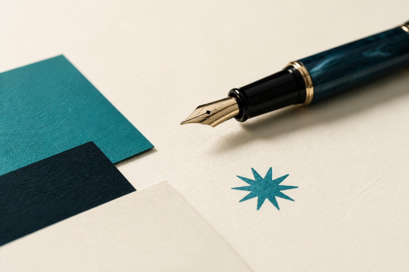 Editorial still life: fountain pen, teal colour chips and a twelve-point spark on warm paper.