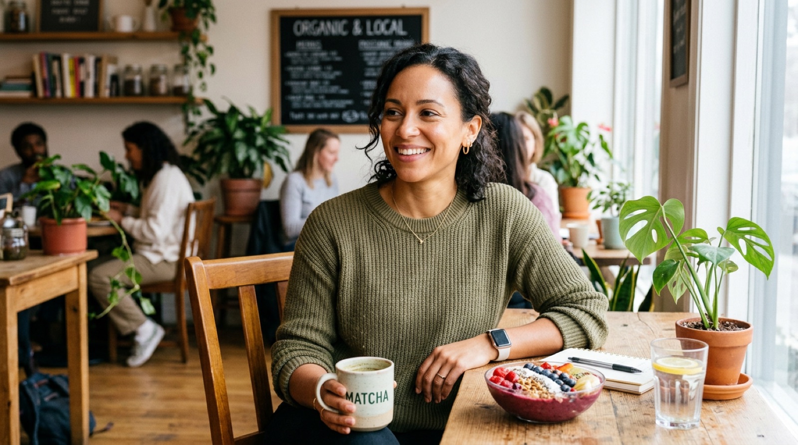 A woman enjoying a healthy breakfast at a café
