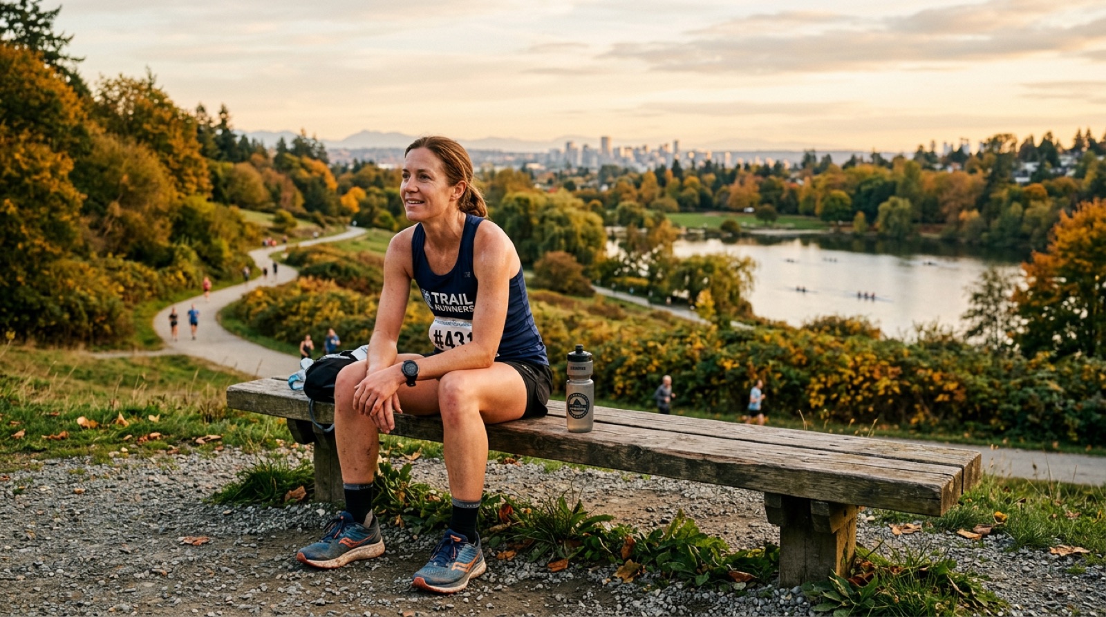 A runner resting on a hilltop bench at golden hour