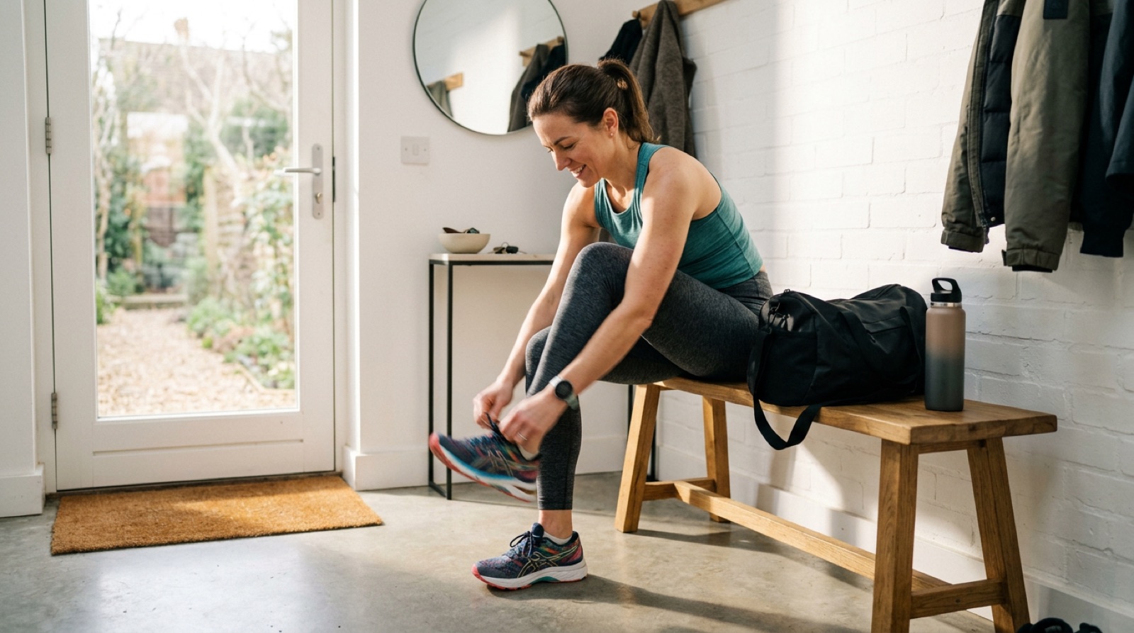 Lacing up running shoes at the front door