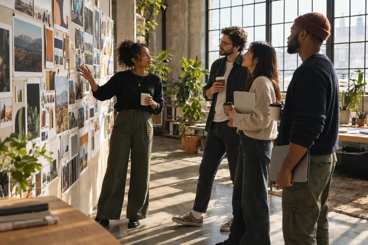 A marketing team reviewing campaign imagery on a studio wall